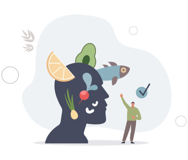 Mindful eating and healthy daily food consumption awareness.Vegetable, fish and fruits balance for body health and vitality .